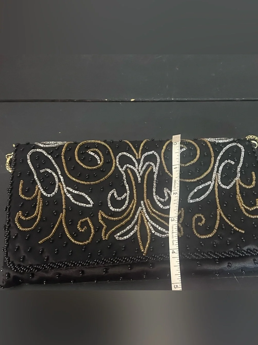 Beaded Black Evening Clutch with Gold and Silver Embroidery